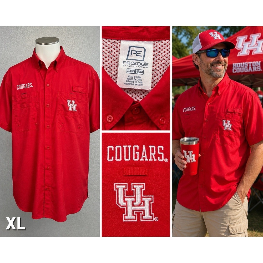 U Of H Cougars Men's XL Red Short Sleeve Camp Shirt UPF 50 Lightweight Fishing